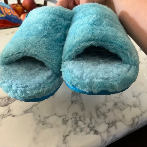 UGG FLUFF YOU Men’s Slipper Sandals 9 Blue Sheepskin Fur - Picture 14 of 14